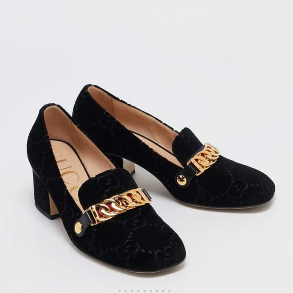 Authentic Gucci Velvet GG Monmogram Black Designer Loafers Pumps Size 7 - Picture 1 of 11